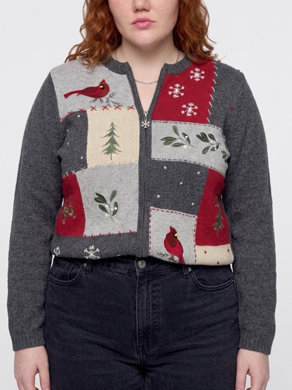 Croft & Barrow Silk Blend Christmas Cardinal Novelty Patchwork Zip Cardigan Sz L
